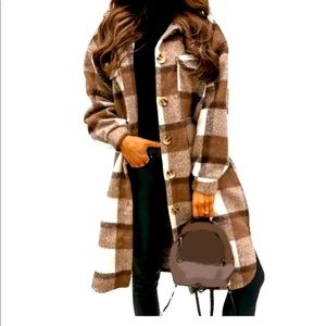 Womens Plaid Shacket Overcoat Ladies Casual Baggy Button Long Jackets Coat